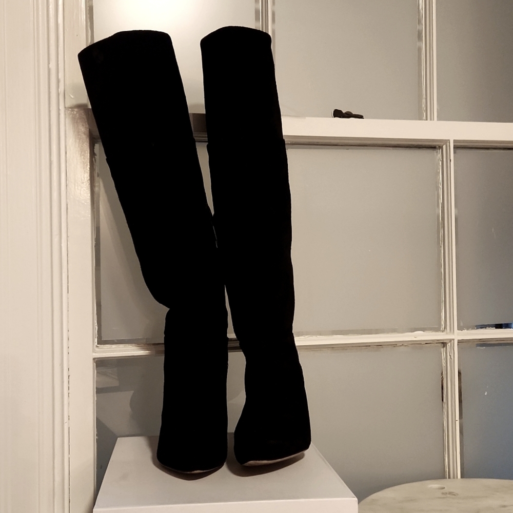 Black suede over-the-knee tie back boots